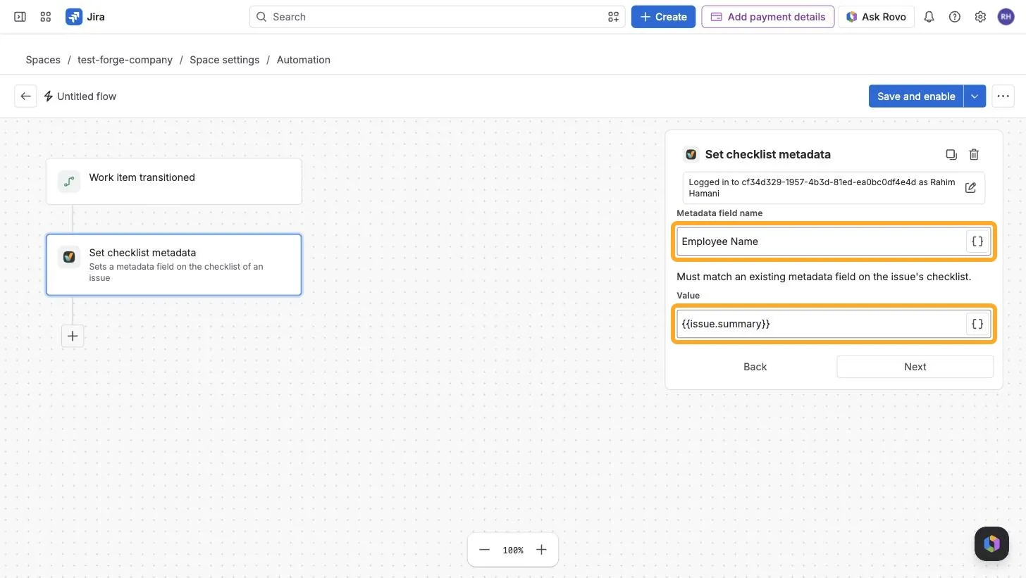 The Set checklist metadata action form with Employee Name as the metadata field name and the issue summary smart value as the value.