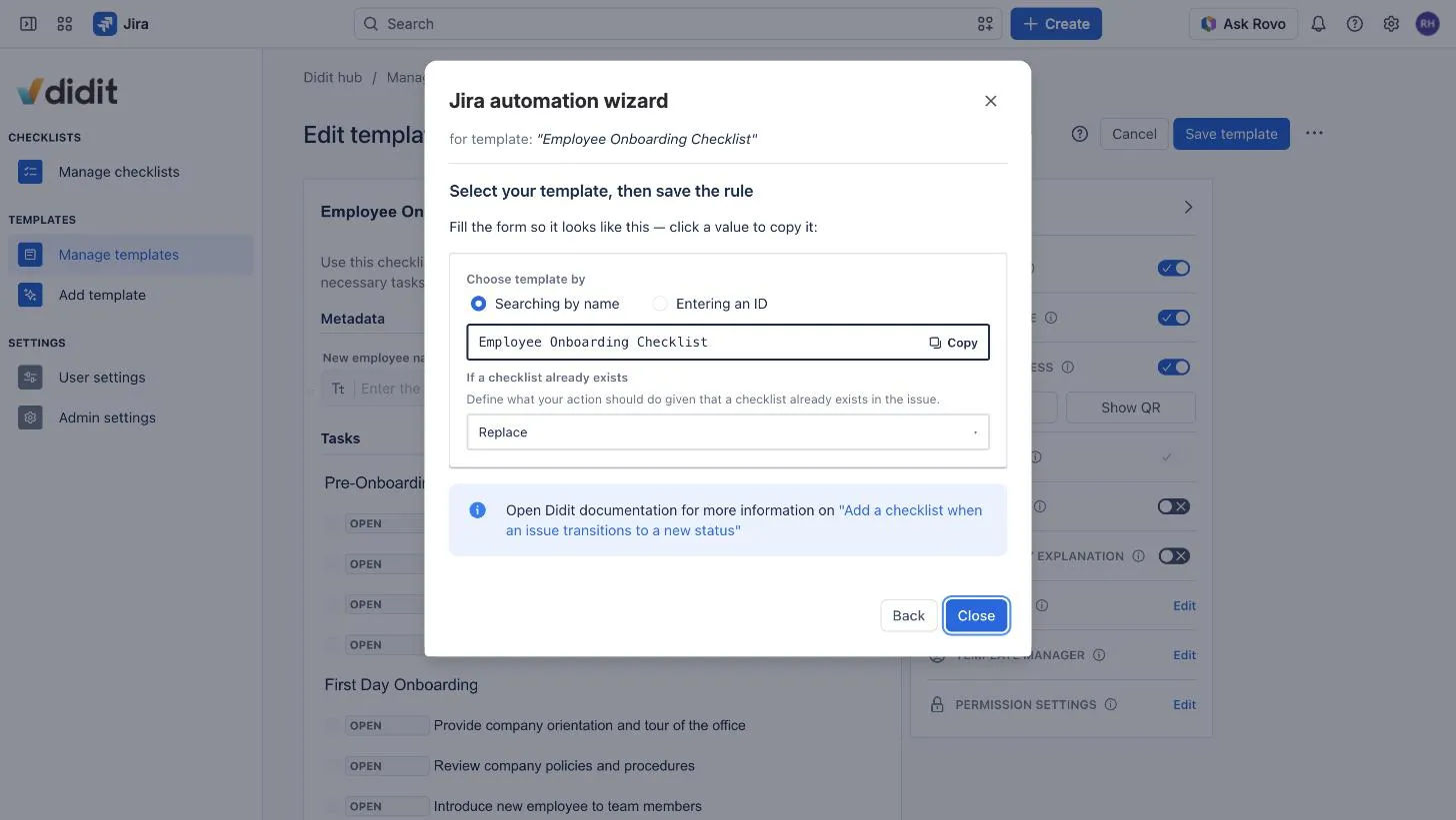 The final step of the reworked automation wizard showing a pre-filled replica of the action form with click-to-copy values.
