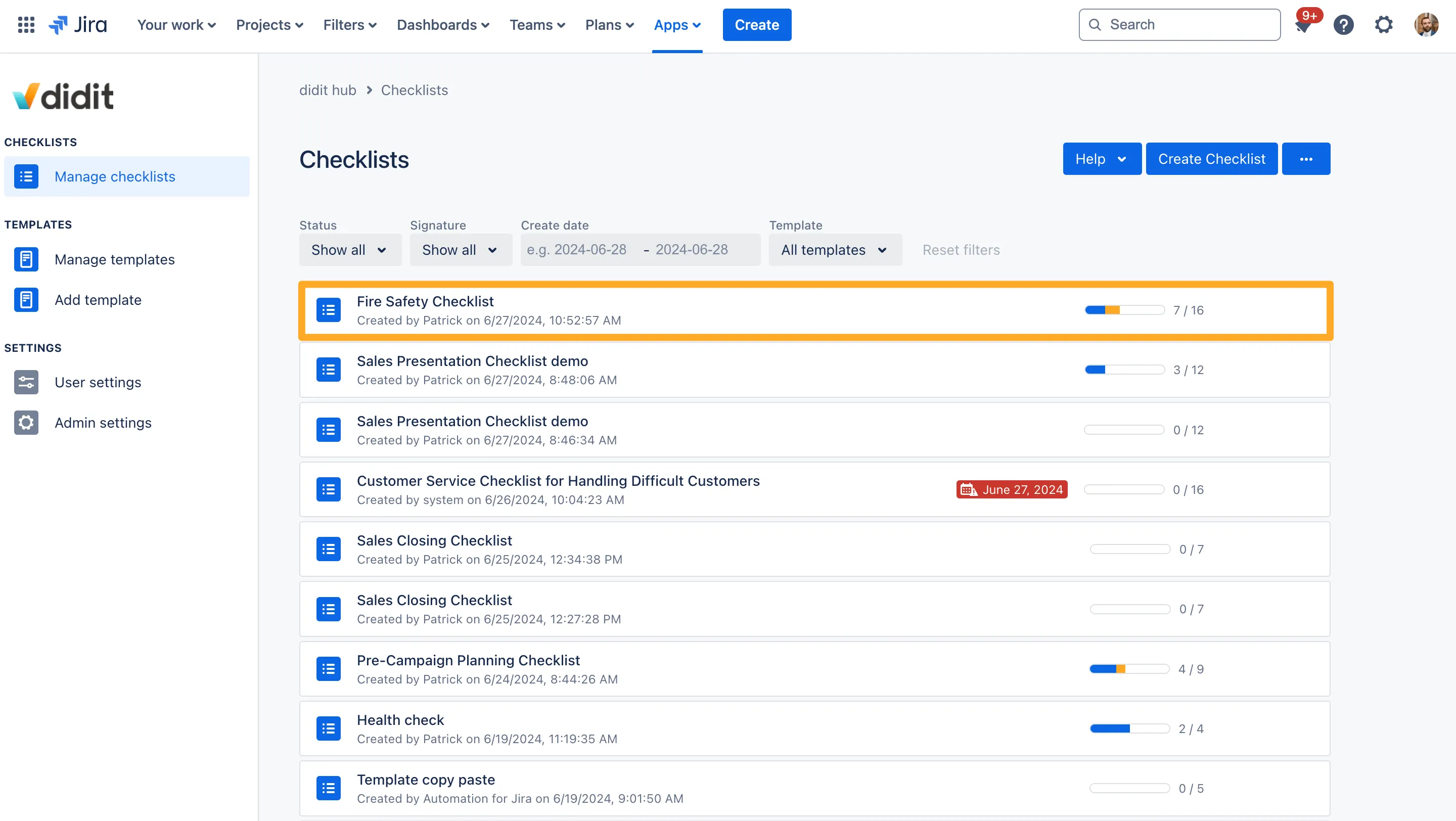 The Didit hub manage checklists view with one checklist highlighted.