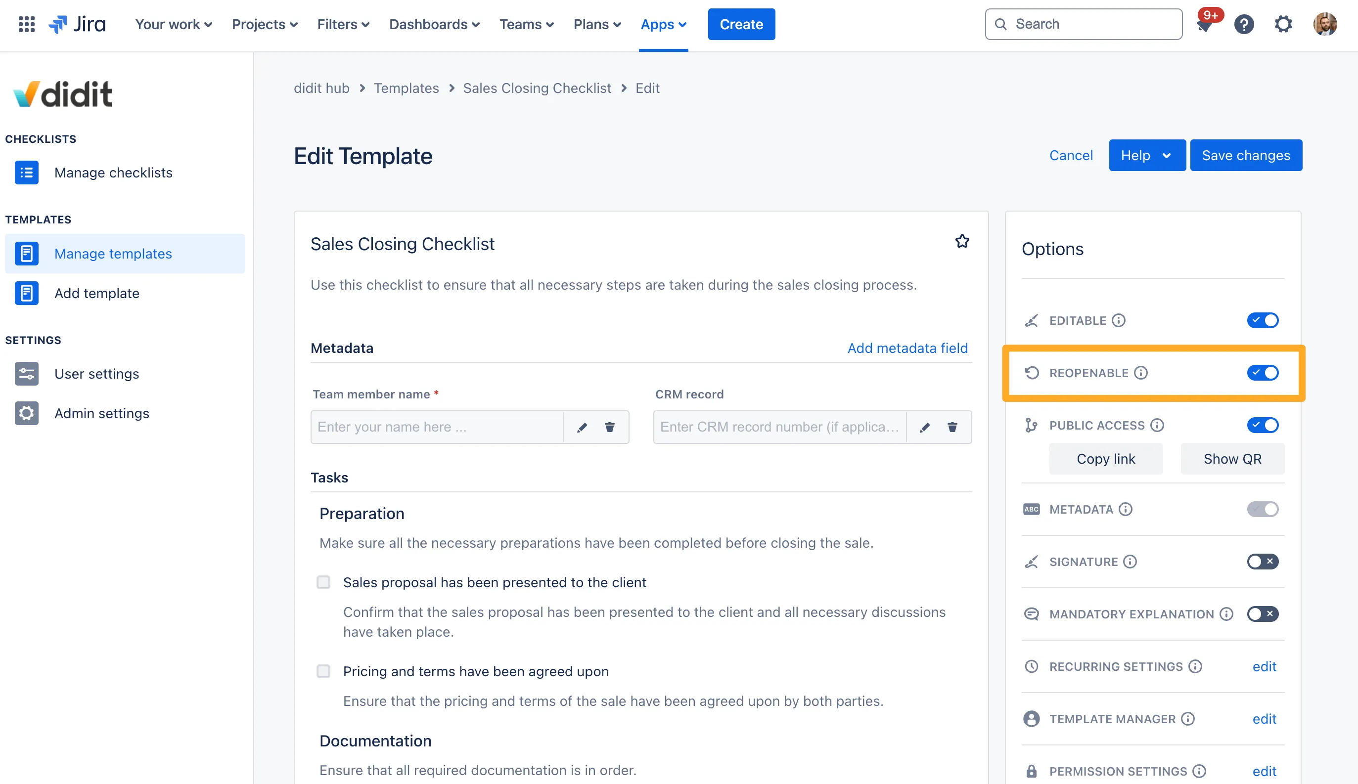 The setting within a checklist template that allows reopening of checklists created from that template.