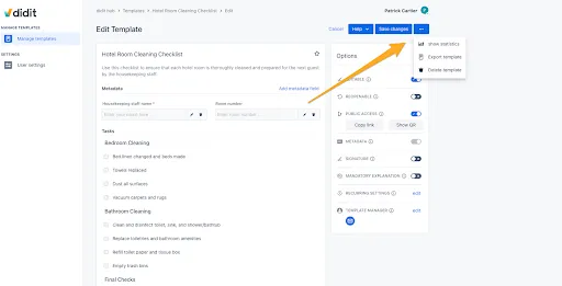 The template owner access to checklist statistics in the Didit hub.