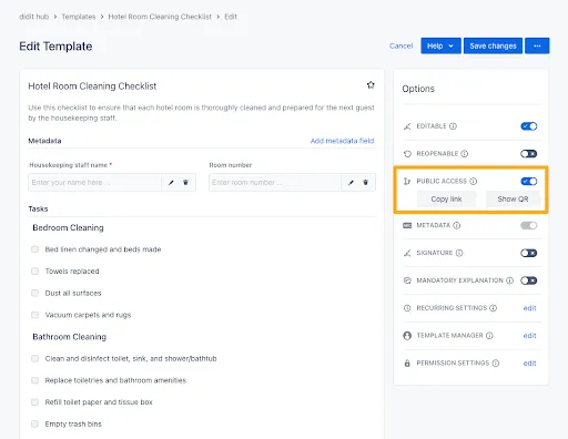 A Didit checklist with the public access setting highlighted.