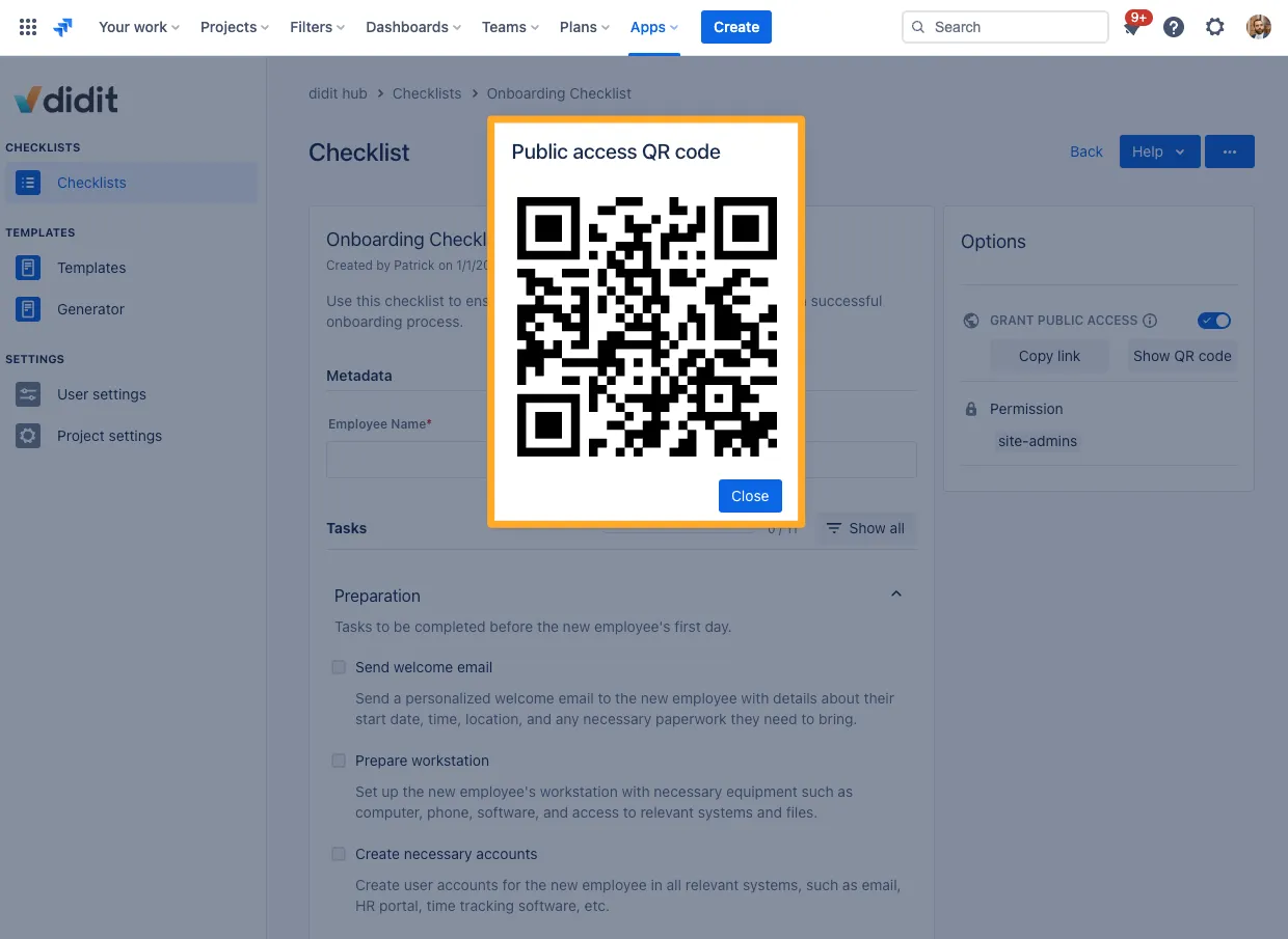 A QR code for a specific checklist in the Didit hub checklist detail view.