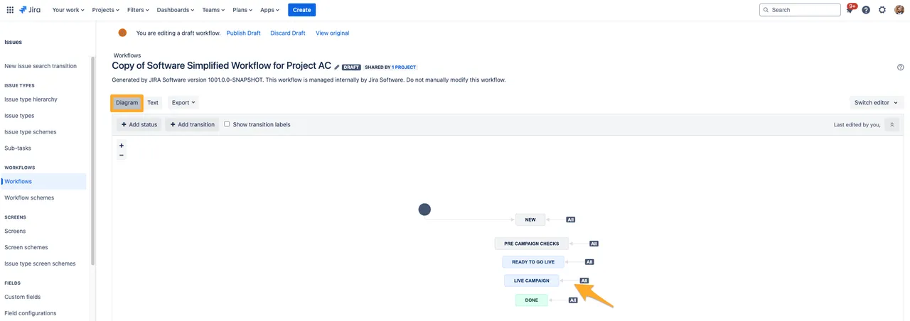 A Jira workflow with an arrow to the target transition.
