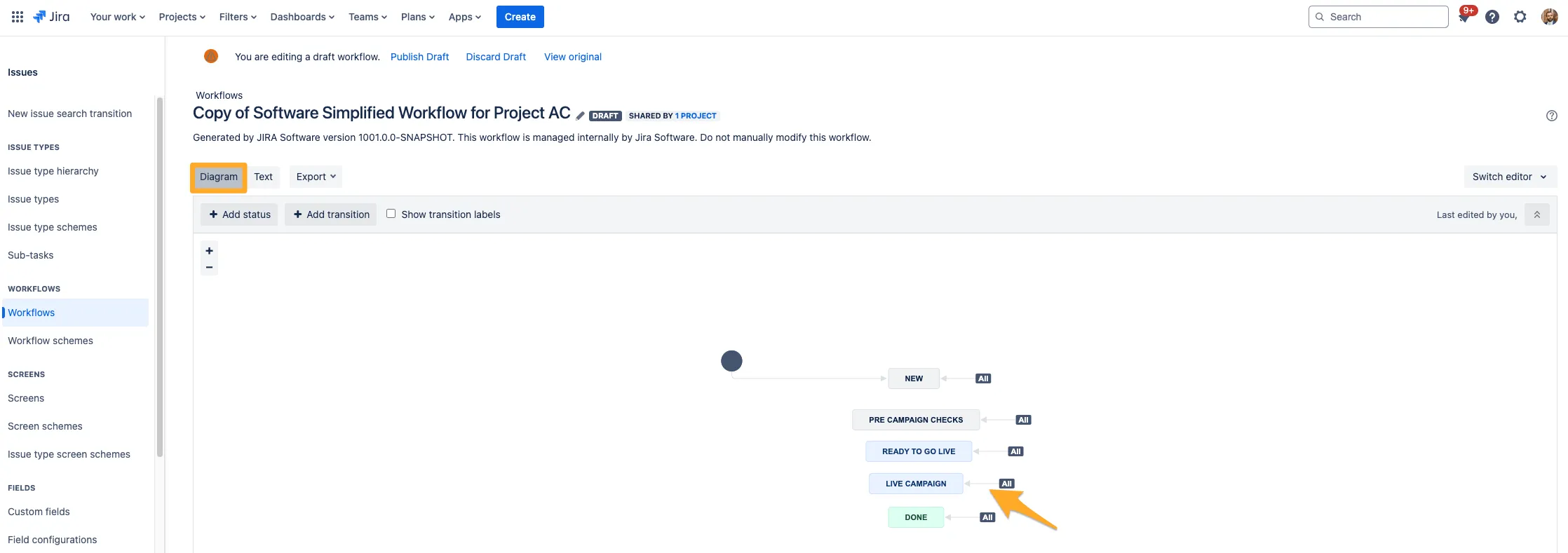 A Jira workflow with an arrow to the target transition.