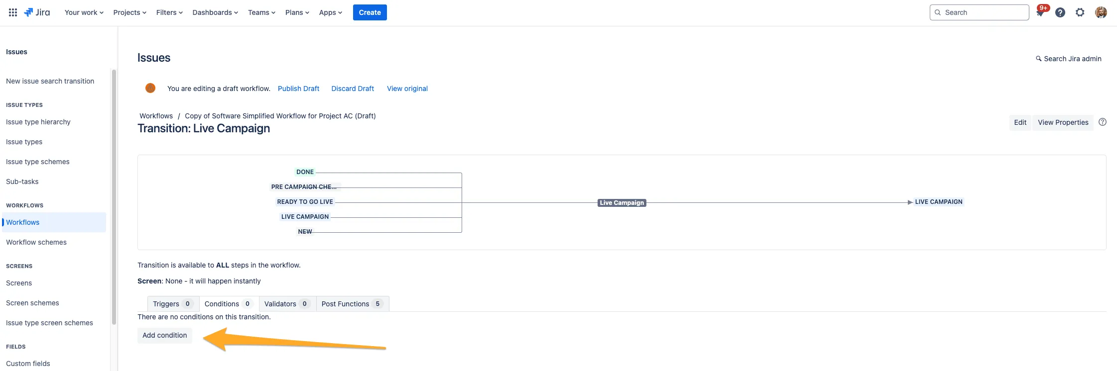 The conditions editor with an arrow to the add condition button.