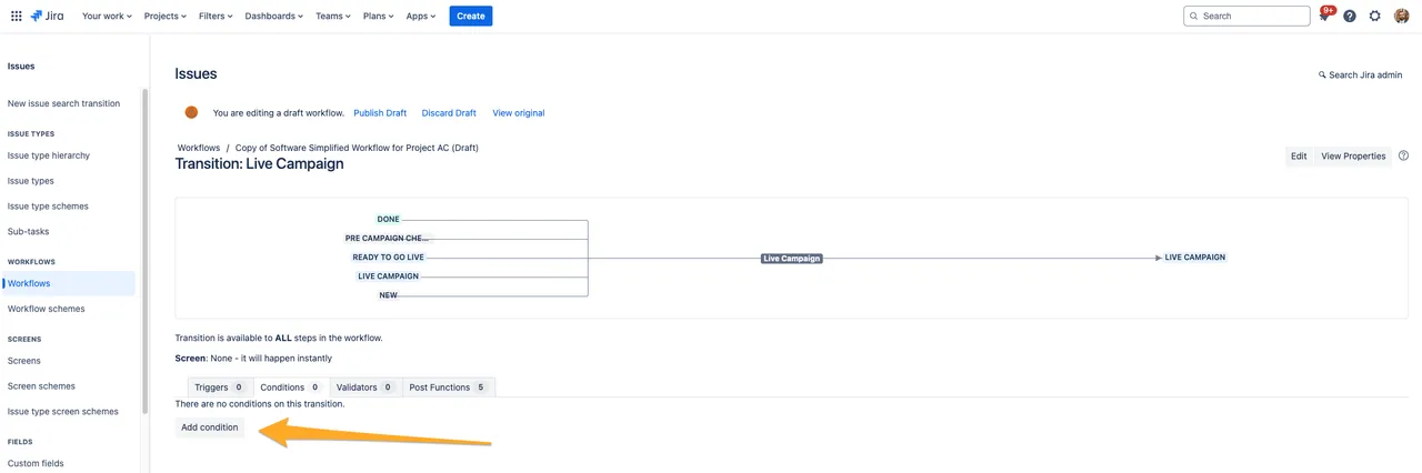 The conditions editor with an arrow to the add condition button.