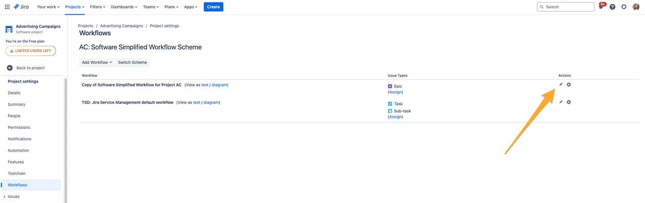 The workflow section of project settings with an arrow to the pencil icon to edit the workflow.