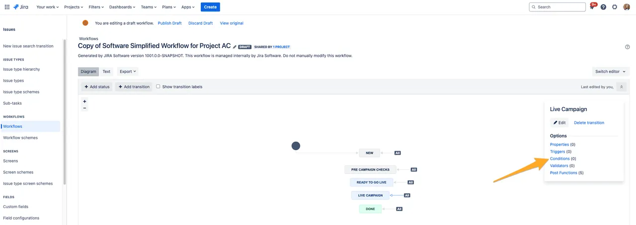 The workflow editor with a transition selected and an arrow to the conditions button.