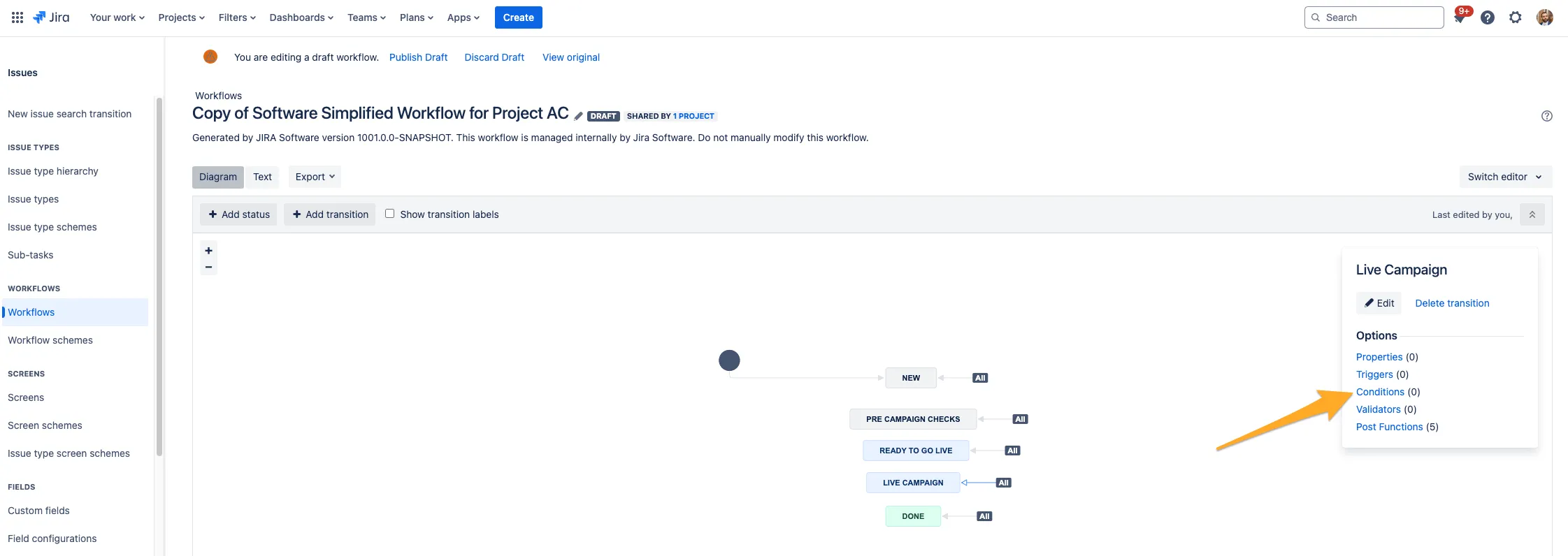 The workflow editor with a transition selected and an arrow to the conditions button.