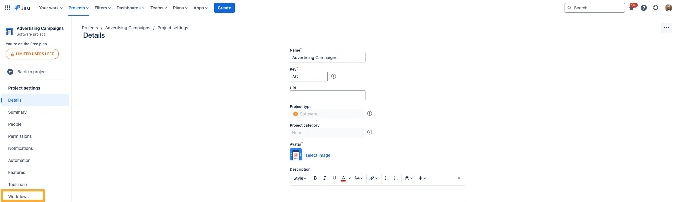 The details page of project settings with the workflow section highlighted.