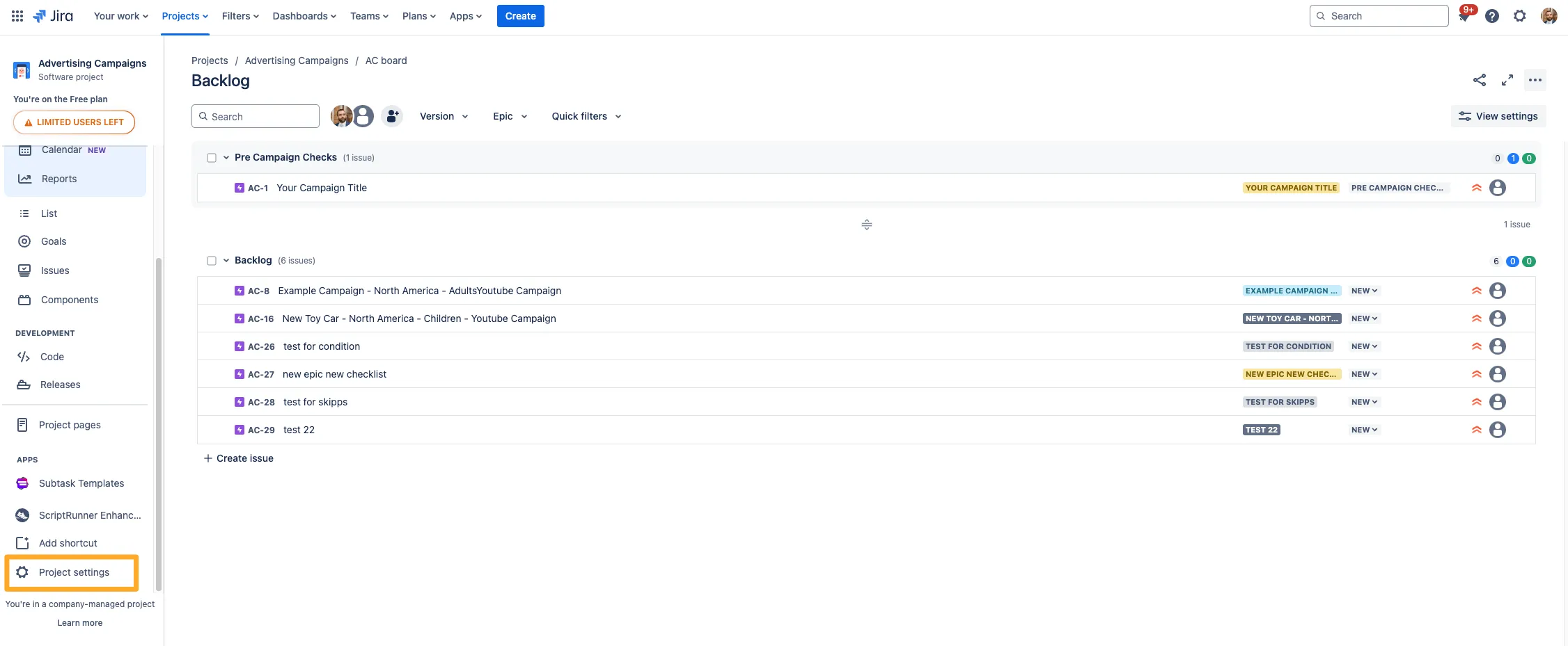 A Jira project with the project settings option highlighted.
