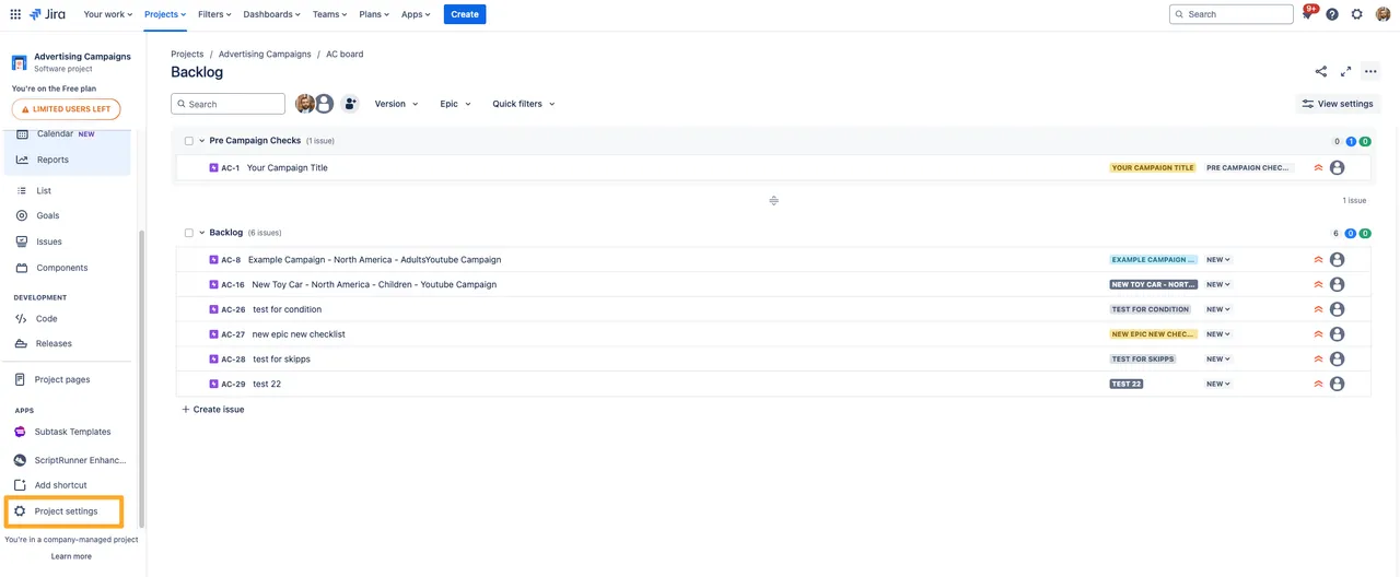 A Jira project with the project settings option highlighted.