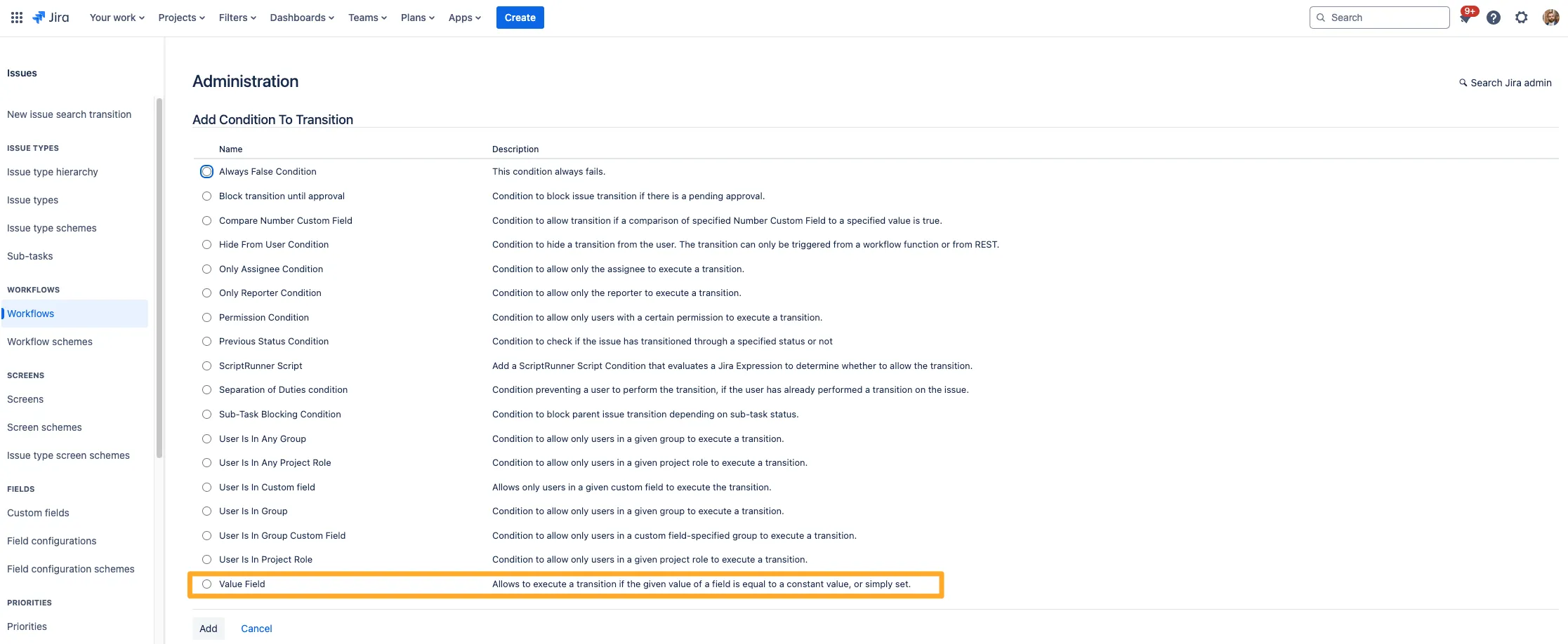 The list of conditions with the value field option highlighted.