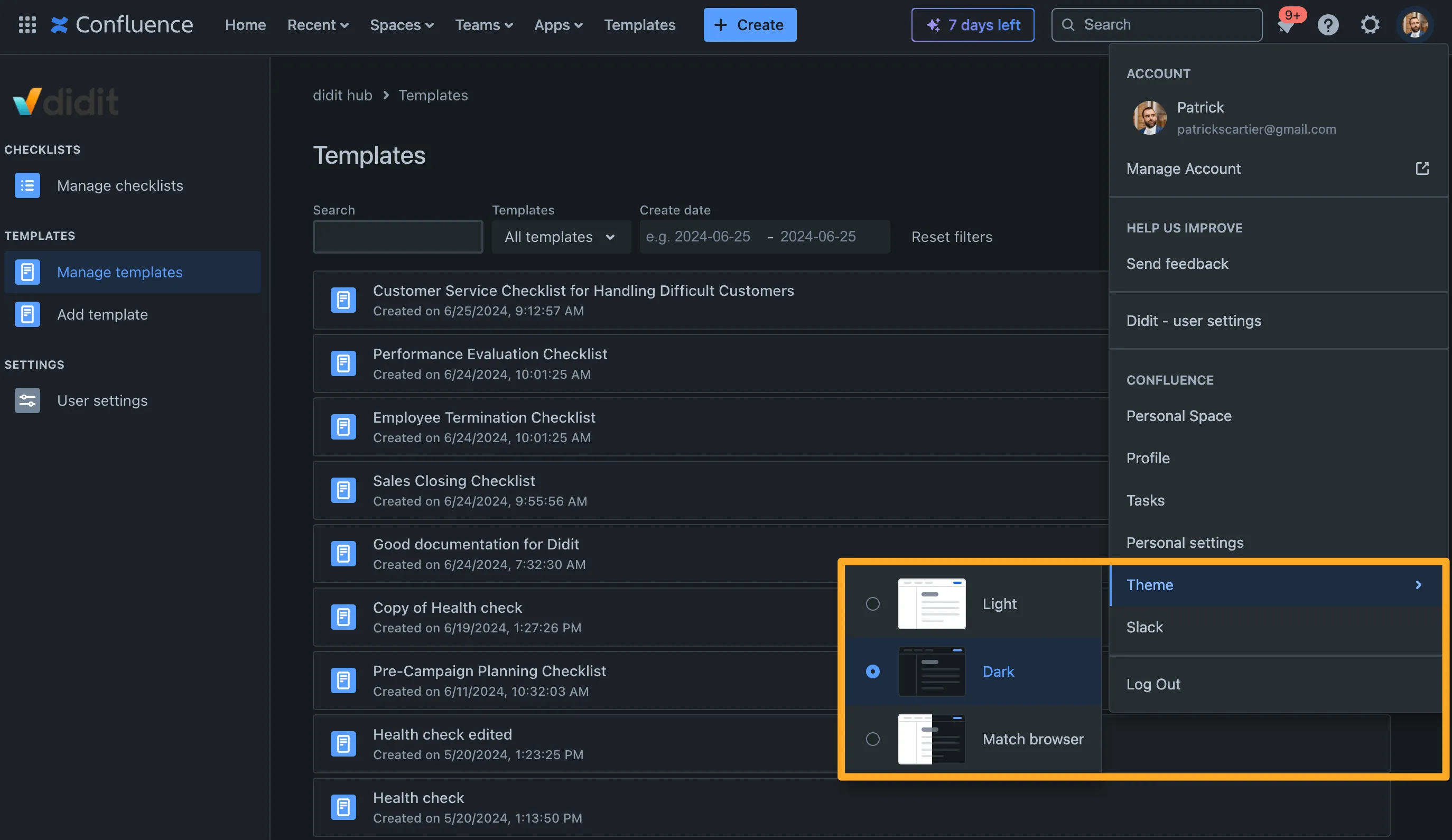 Dark mode in Didit checklists in Confluence.