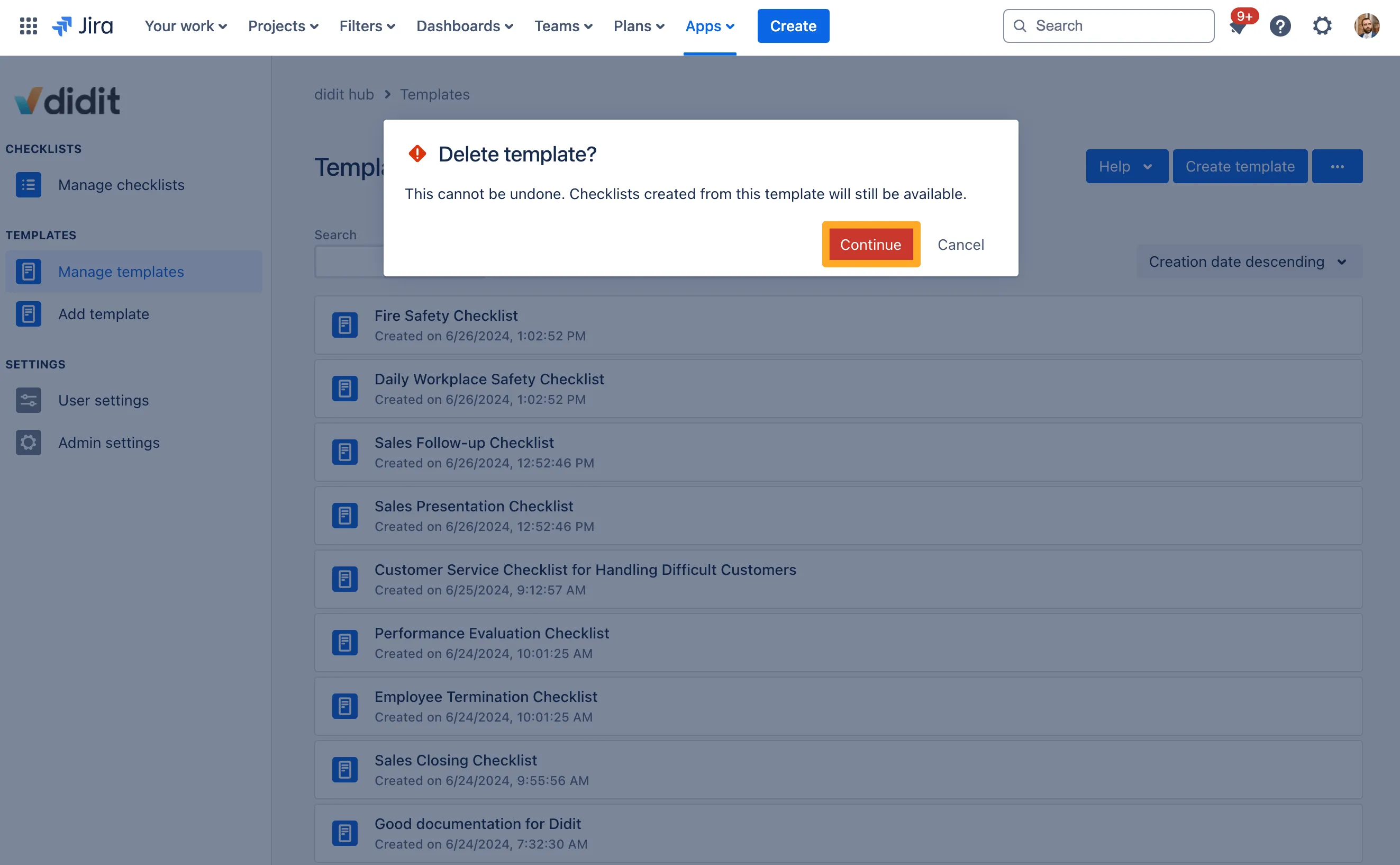 The delete template confirmation screen.