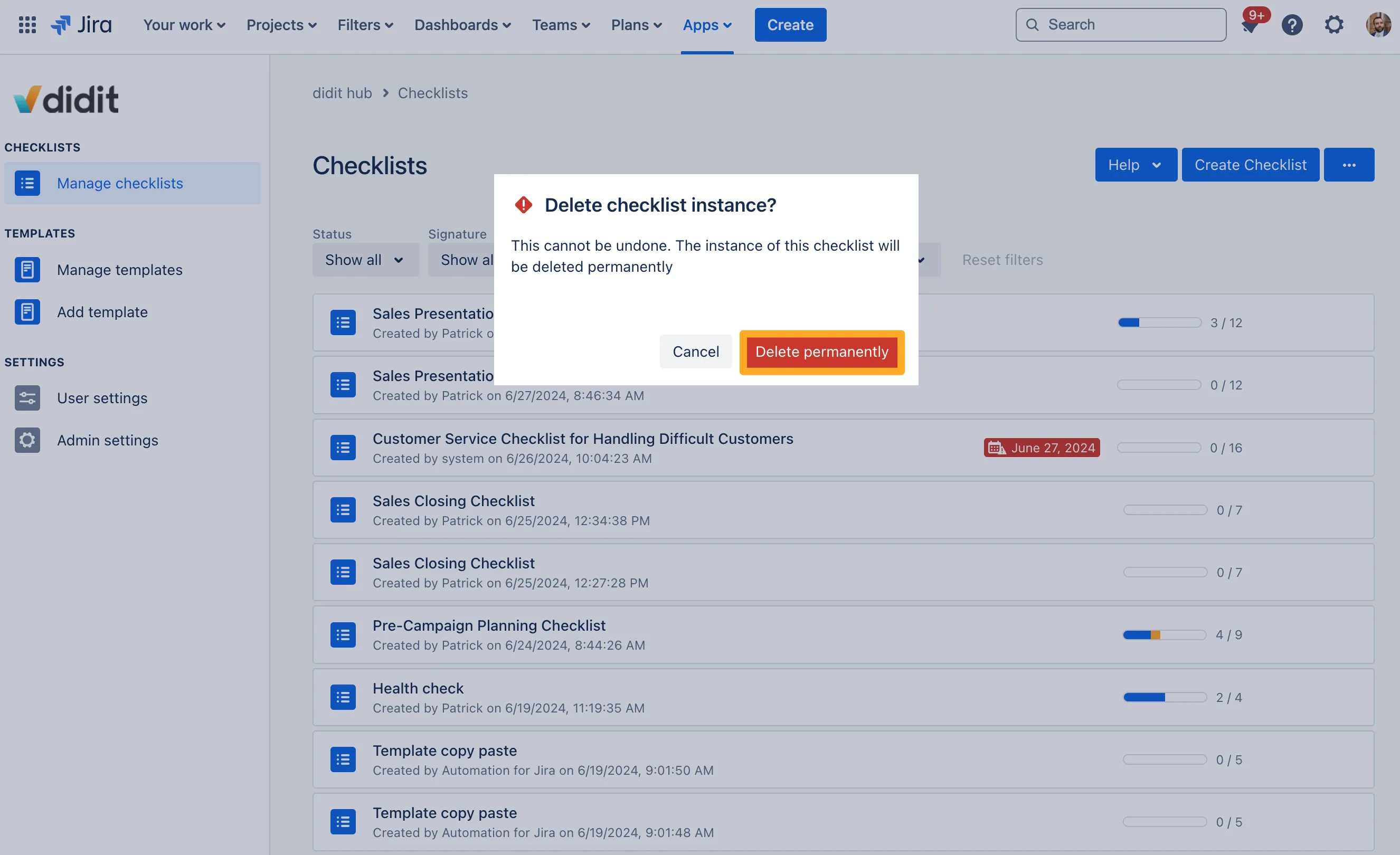 The confirmation screen for deleting a checklist.