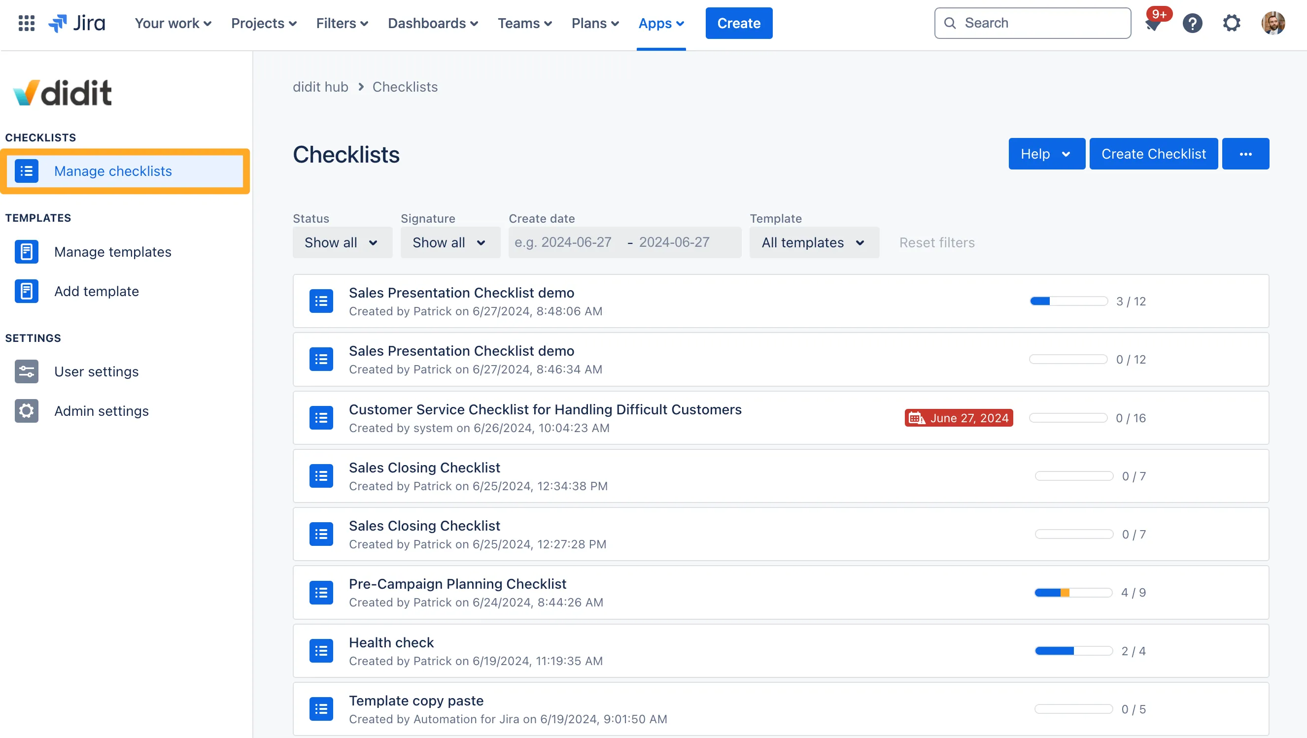 The Didit hub with the Manage checklists section highlighted.