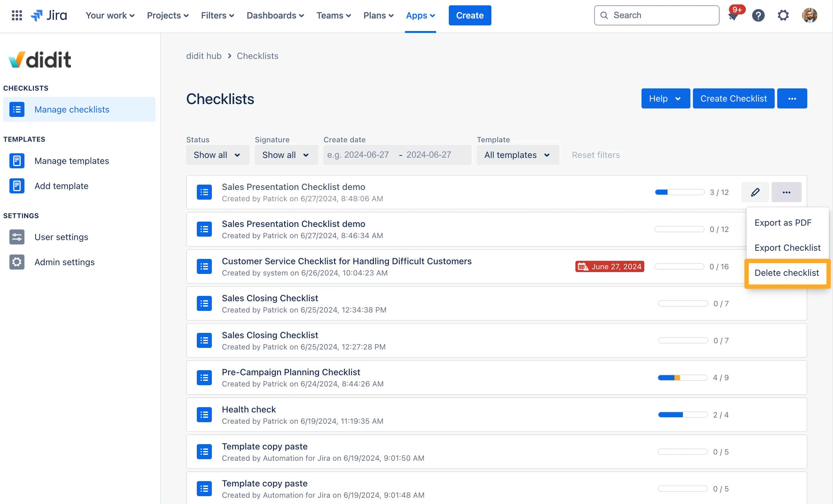 The Didit hub manage checklists section with the Delete checklist button showing.
