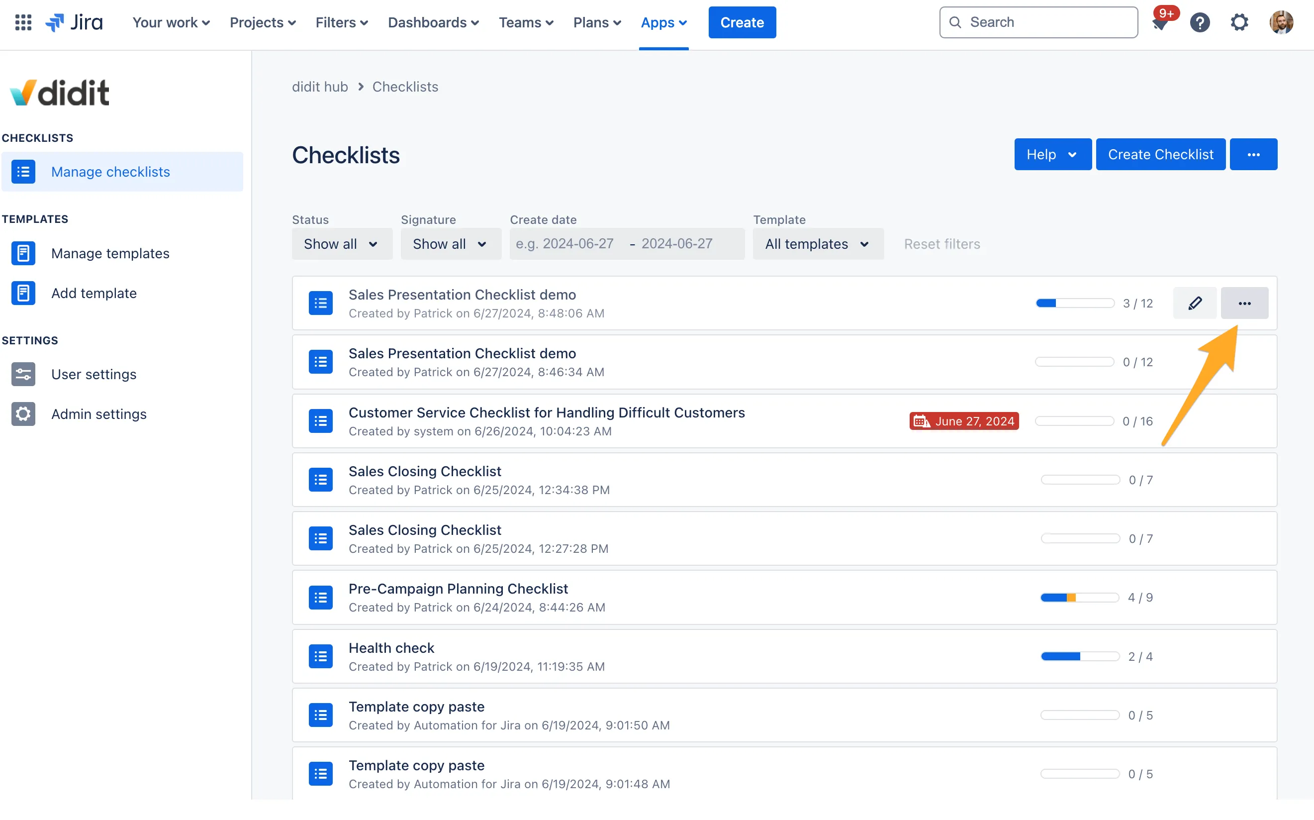 The Didit hub with a mouse hovered over a checklist to show the ... menu.