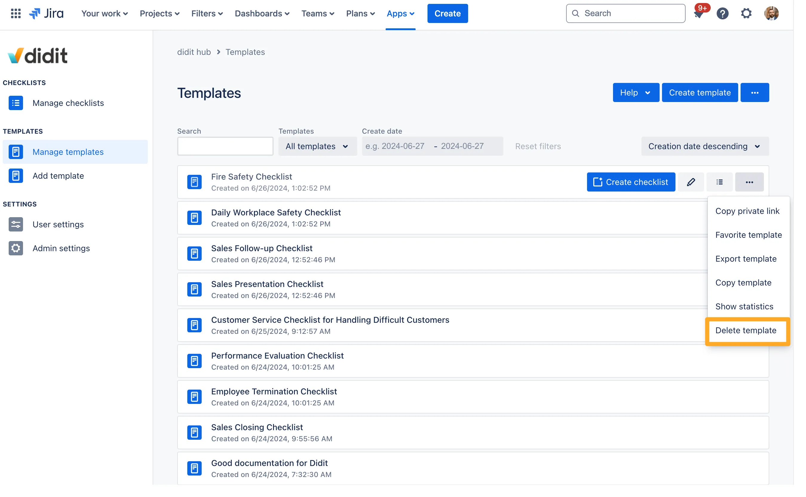 The delete template option showing over the target checklist.
