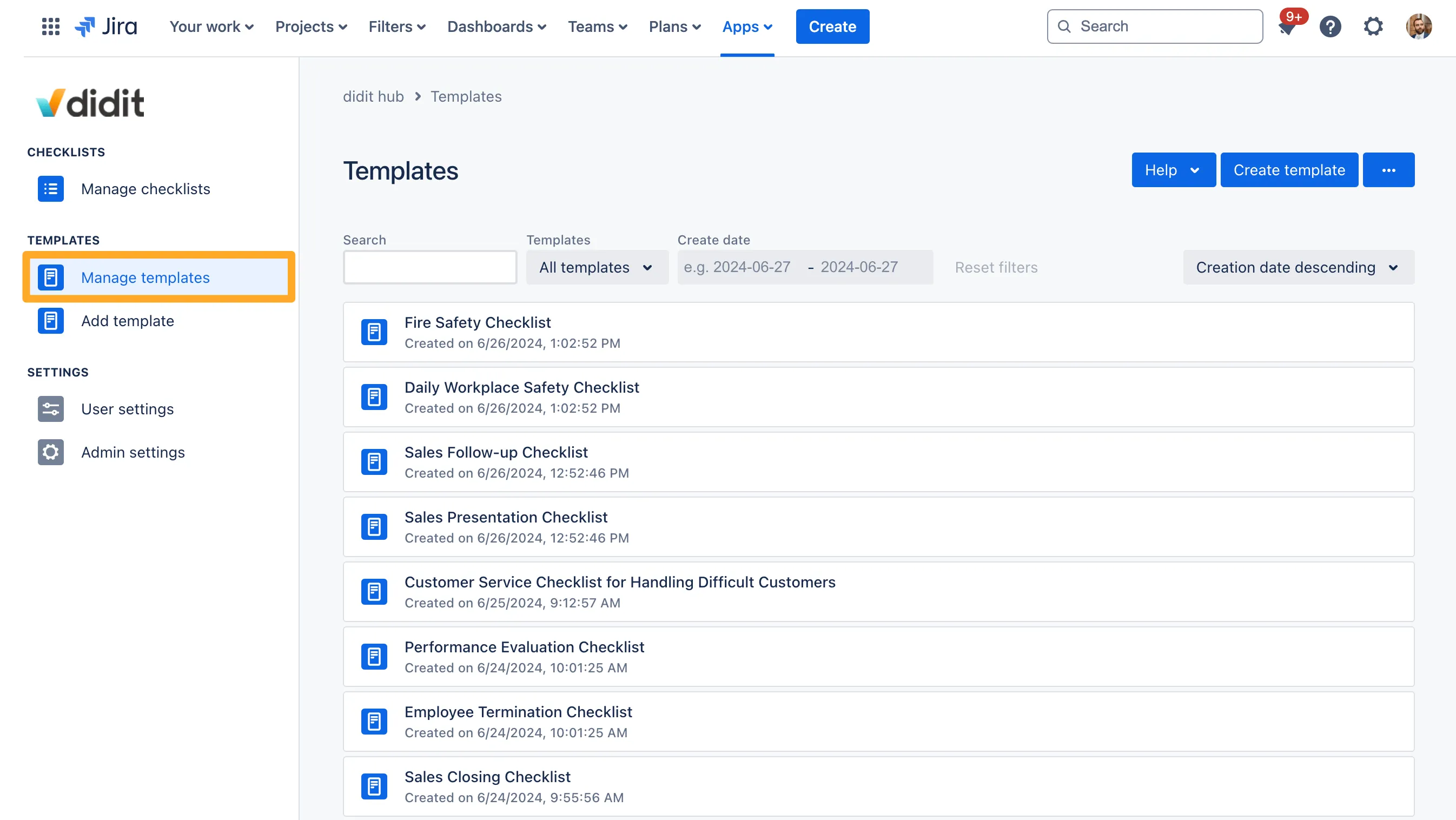 The Didit hub with the manage templates section populated.