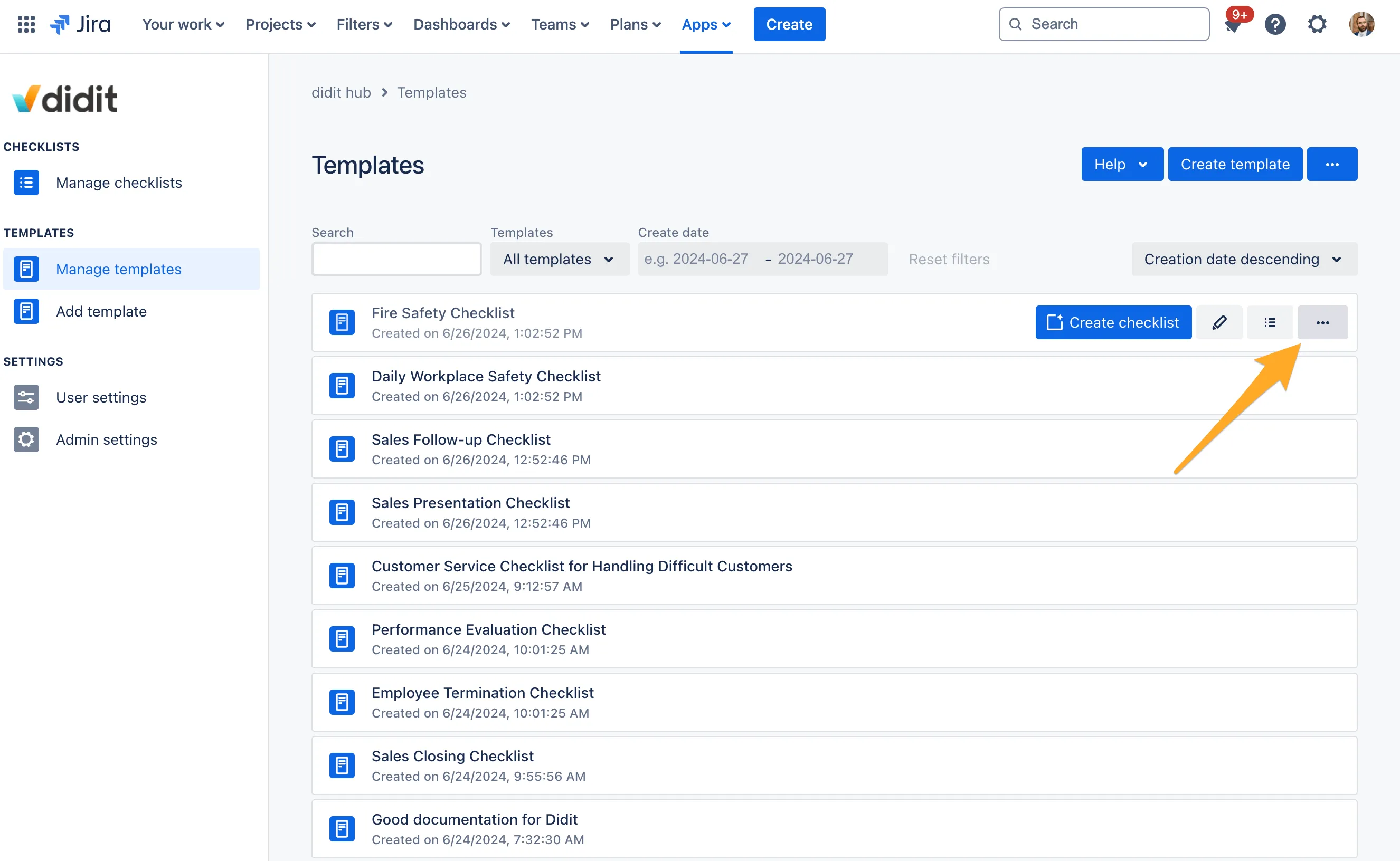 The Didit hub  manage templates section with the mouse hovered over the target template to show the ... menu.