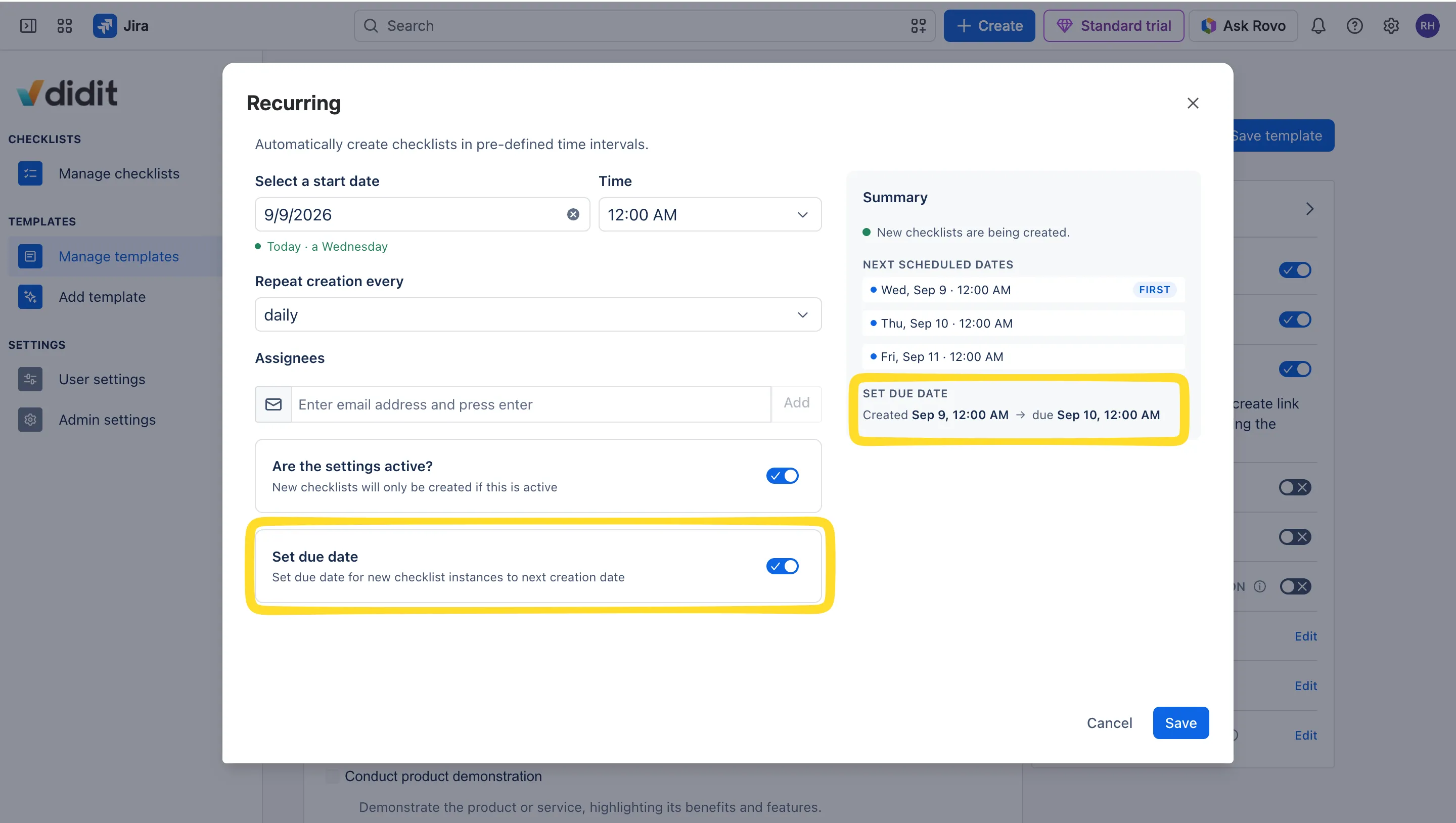 Due date settings in recurring checklists.