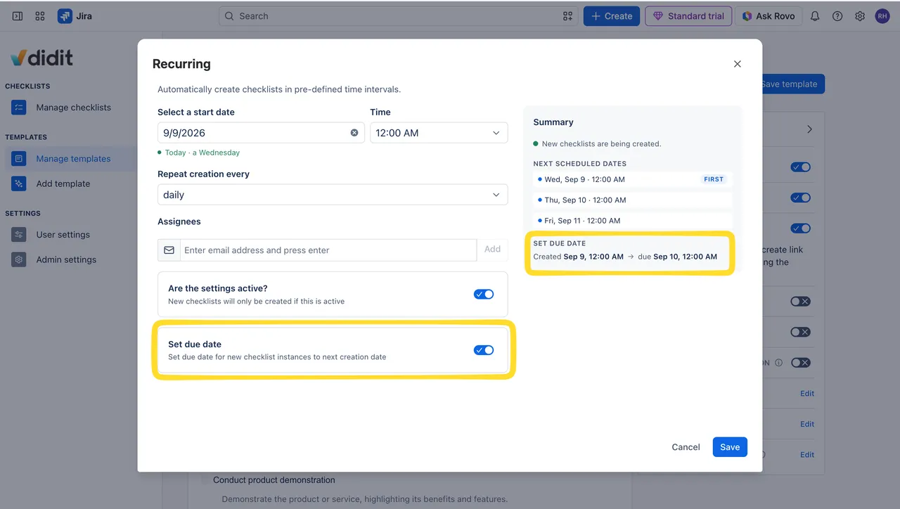 Due date settings in recurring checklists.