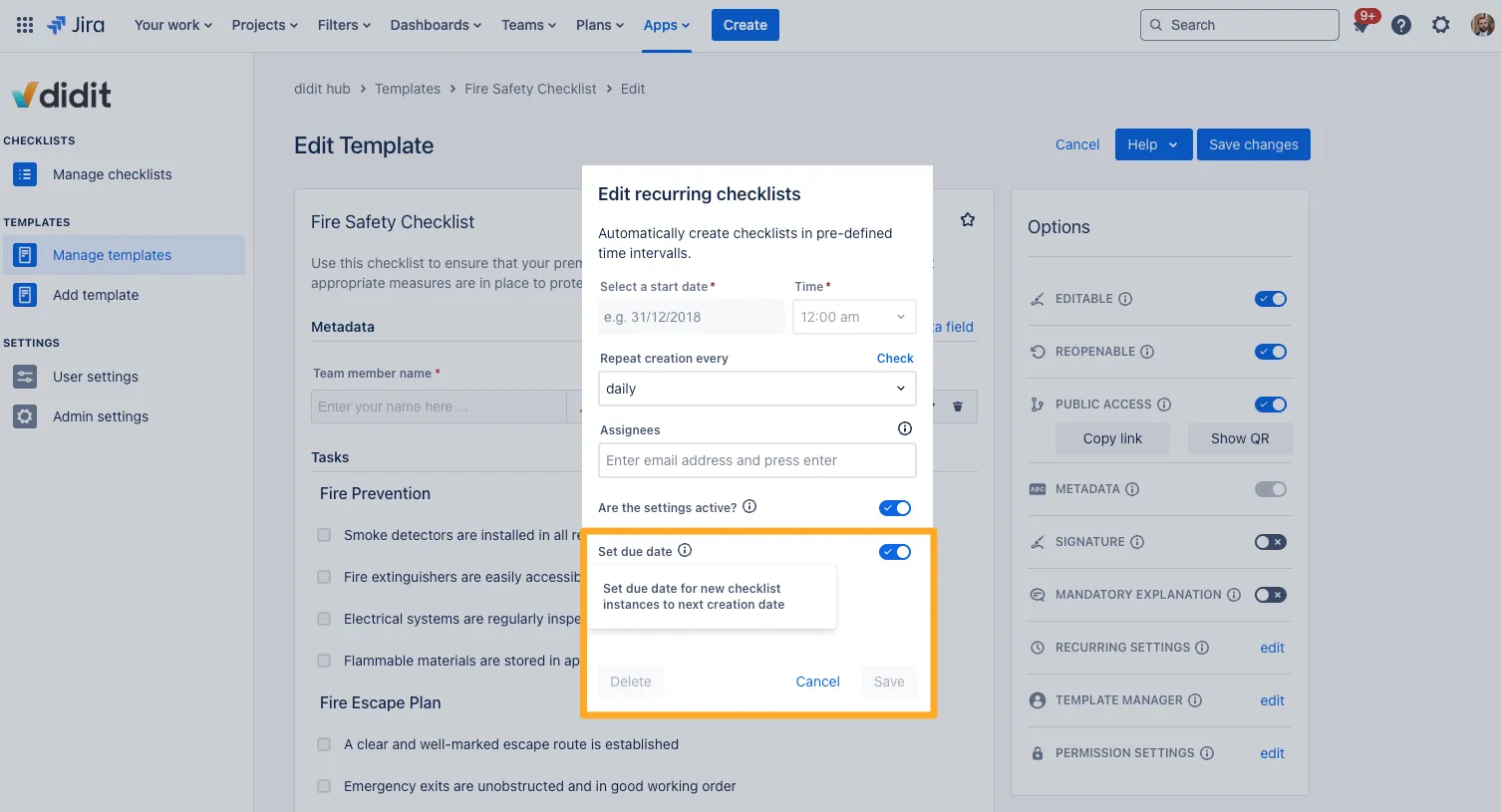 Due date settings in recurring checklists.