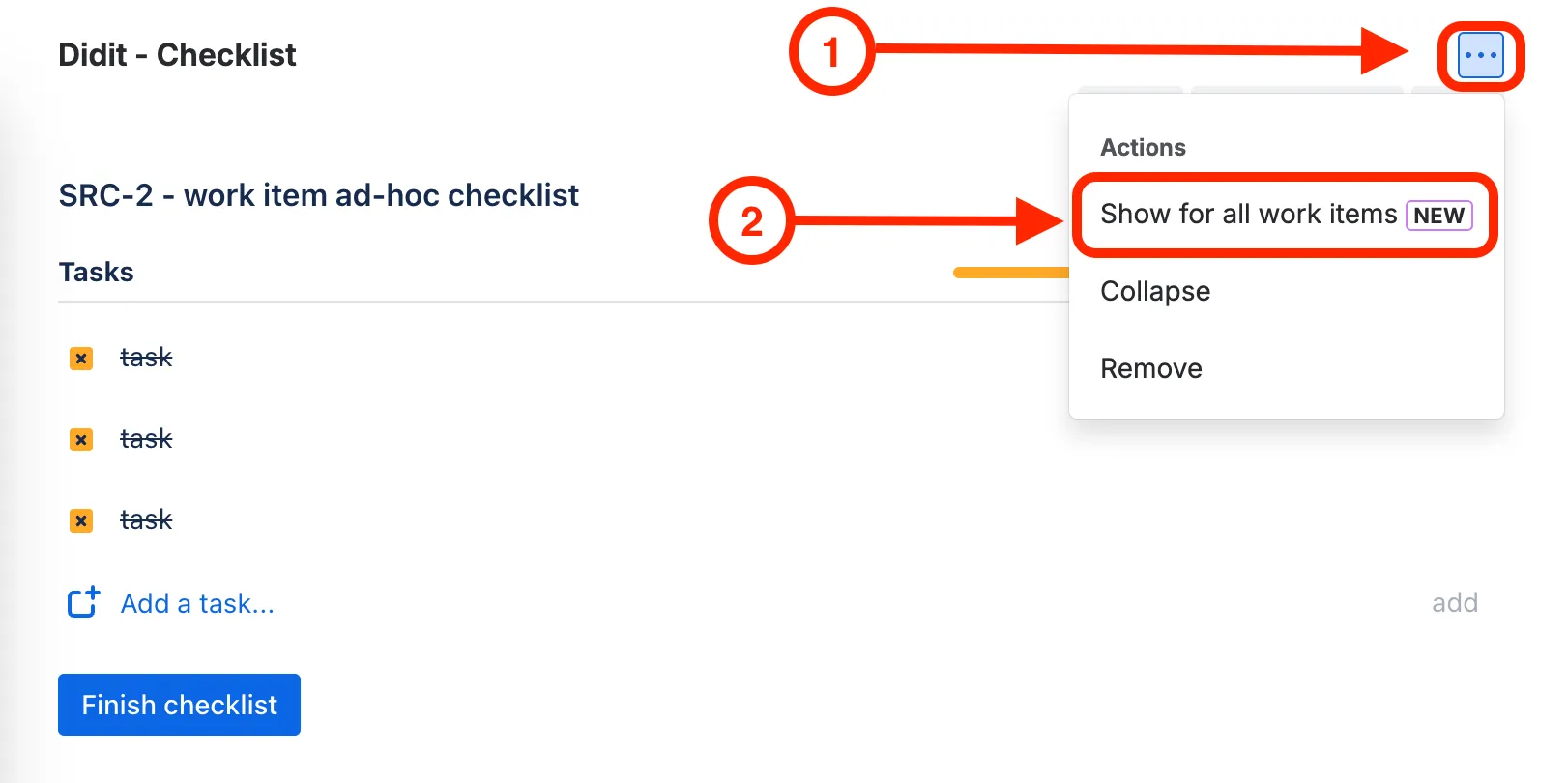 The Didit checklist panel's actions menu with the Show for all work items option highlighted.