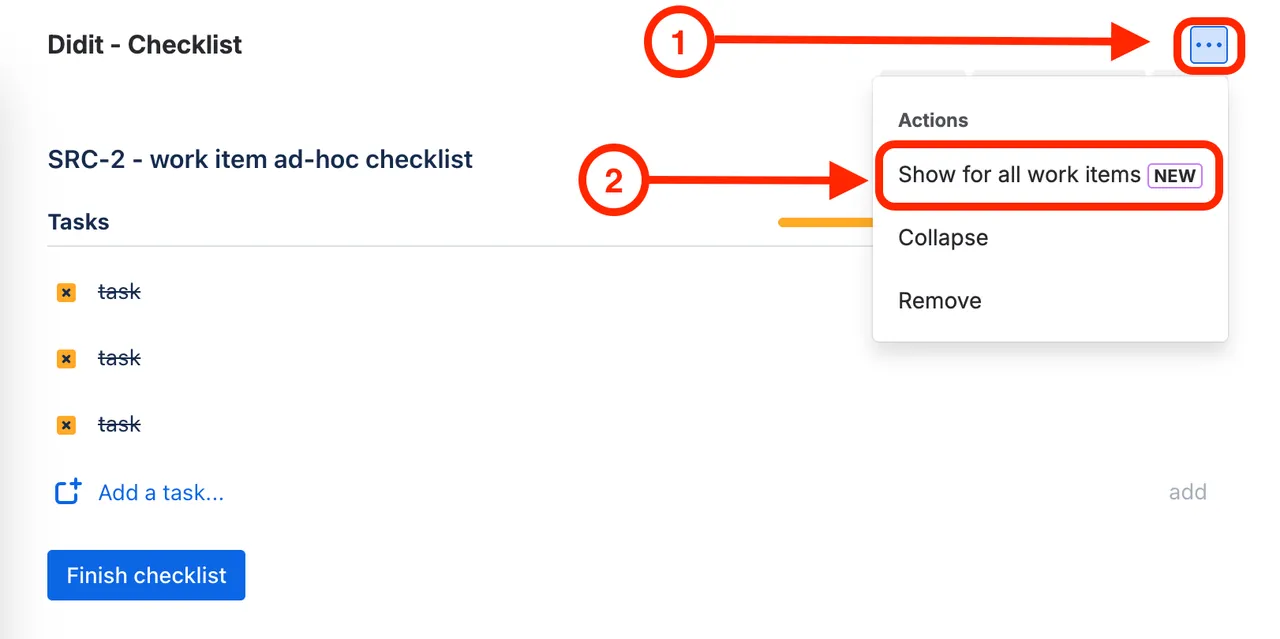 The Didit checklist panel's actions menu with the Show for all work items option highlighted.