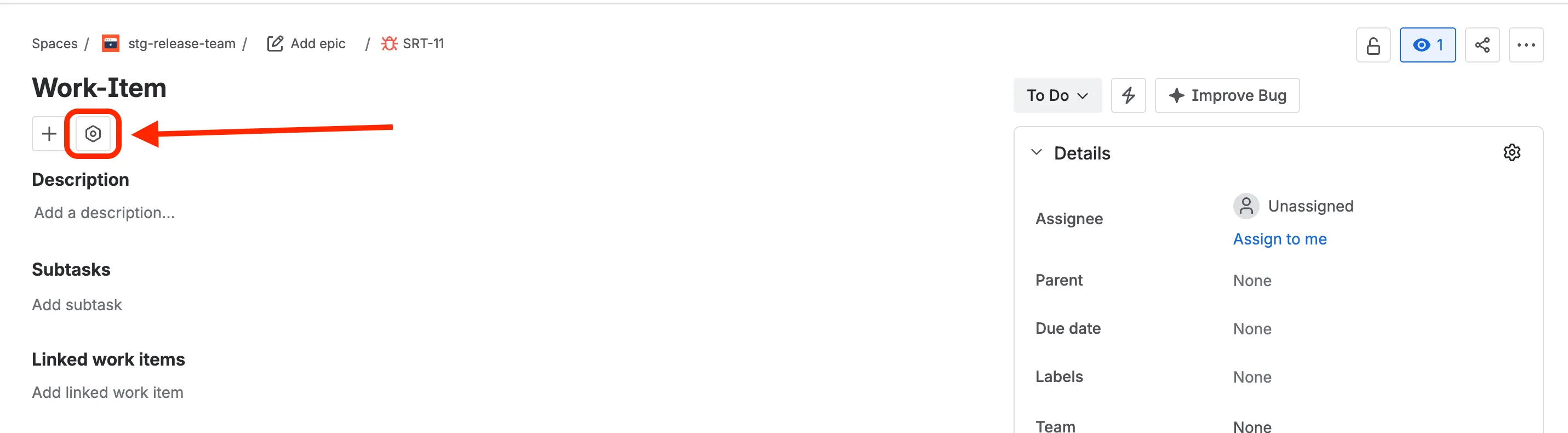 A Jira work item with the Apps (hexagon) button below the title highlighted.