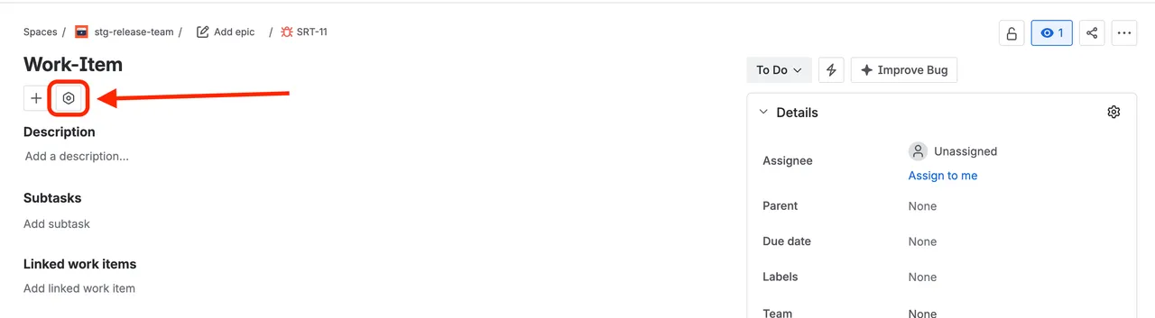 A Jira work item with the Apps (hexagon) button below the title highlighted.
