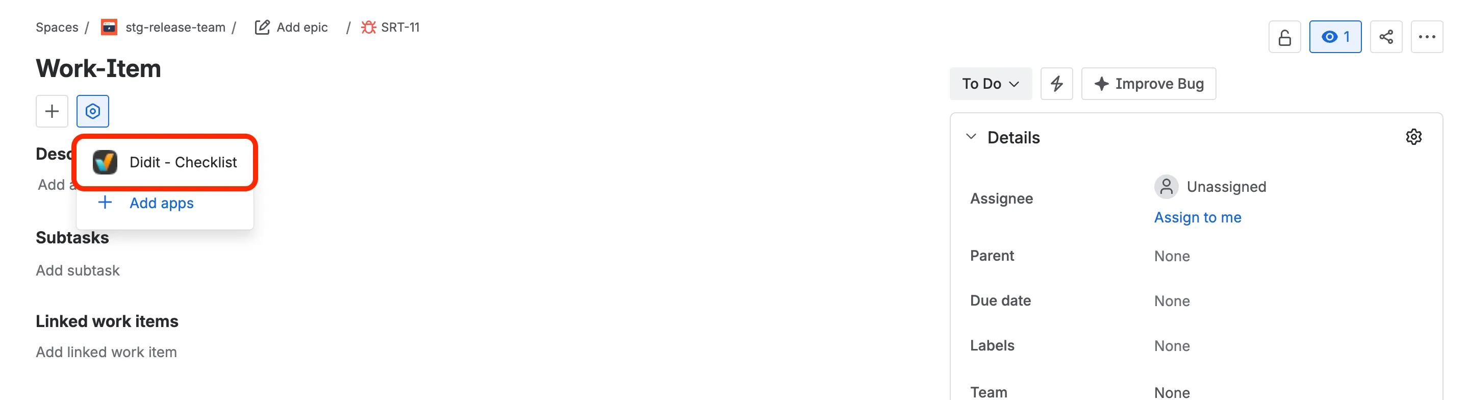 The Jira Apps dropdown on a work item with the Didit - Checklist entry highlighted.