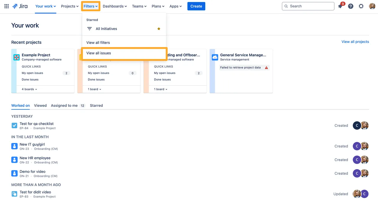 Jira with the filters dropdown open and the view all issues option highlighted.