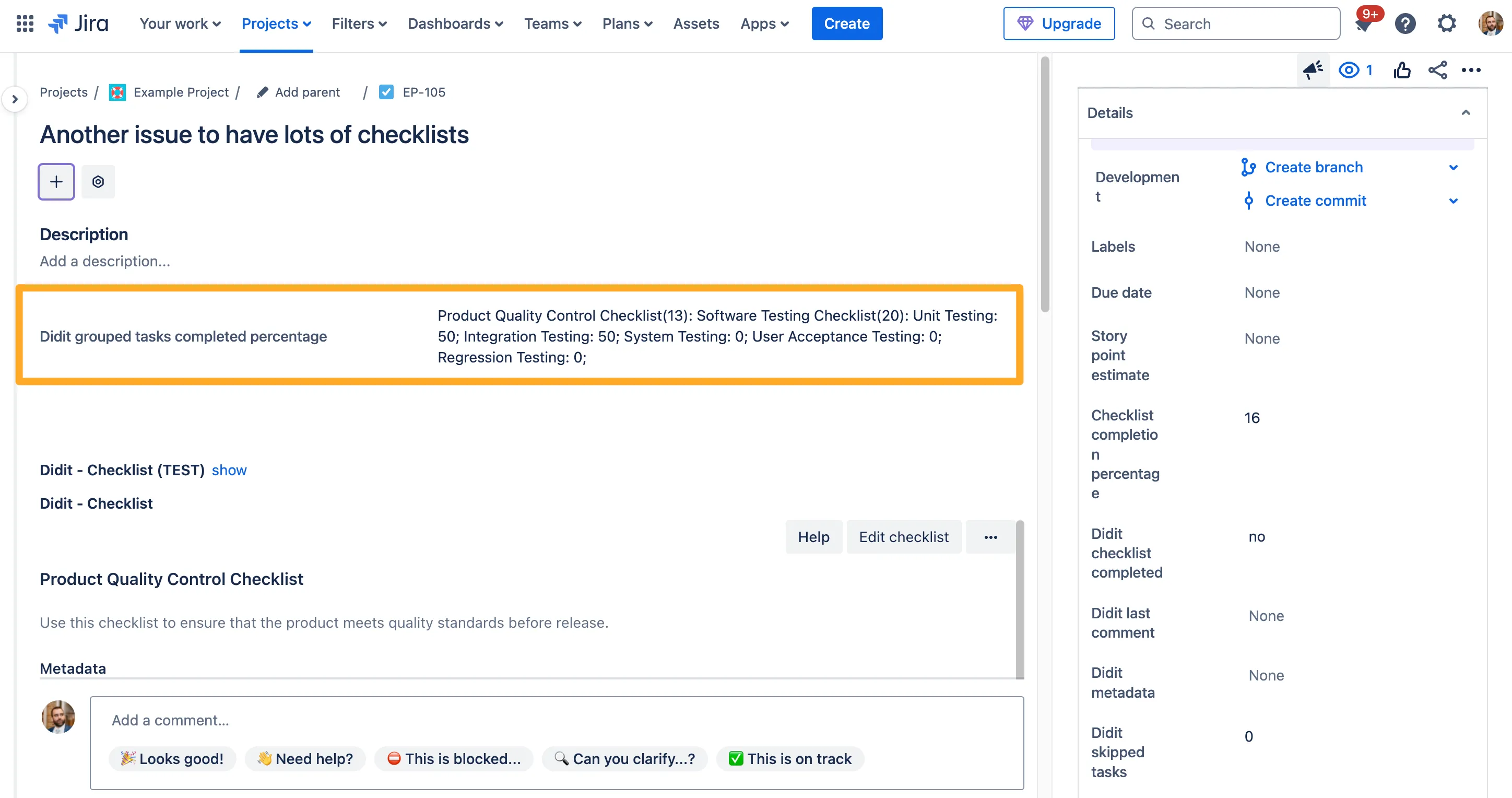 The Didit grouped tasks completed percentage field in a Jira issue.