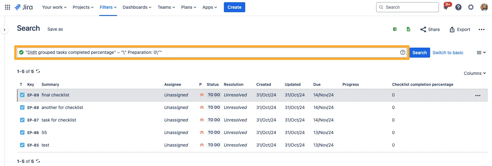 JQL results for Didit grouped tasks completed percentage.