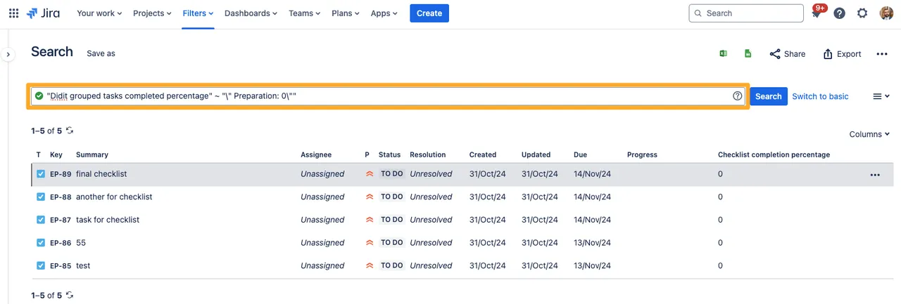 JQL results for Didit grouped tasks completed percentage.