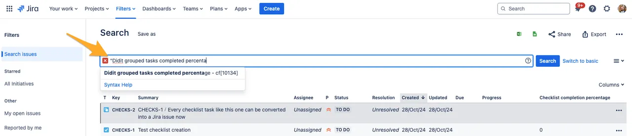 Jira JQL search with Didit grouped tasks completed percentage field getting populated.