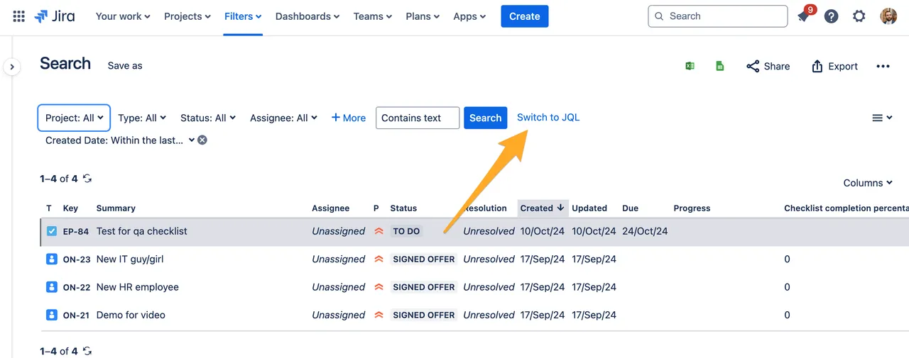 Jira issue search with an arrow to switch to JQL.