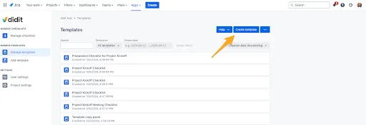 The Didit hub with an arro to the create template button.