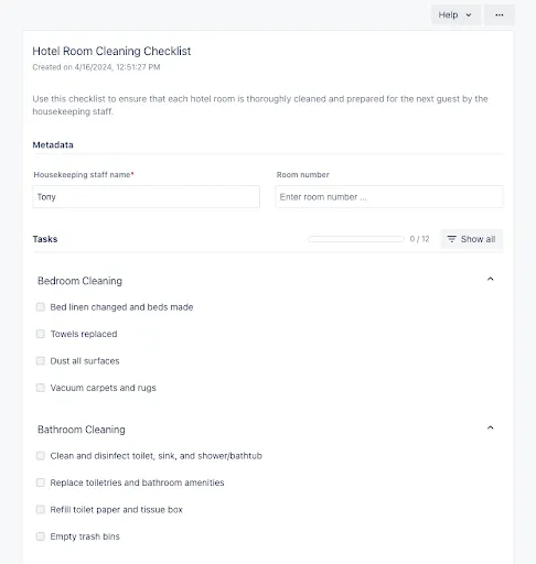 A hotel room cleaning checklist from the public view.