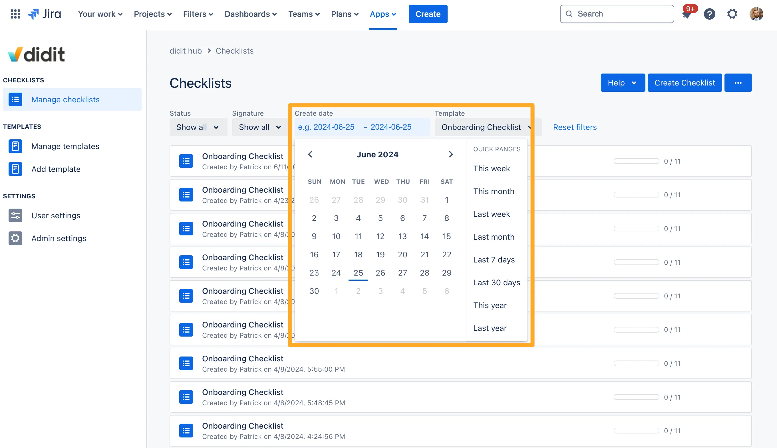 Filter using checklist creation date.