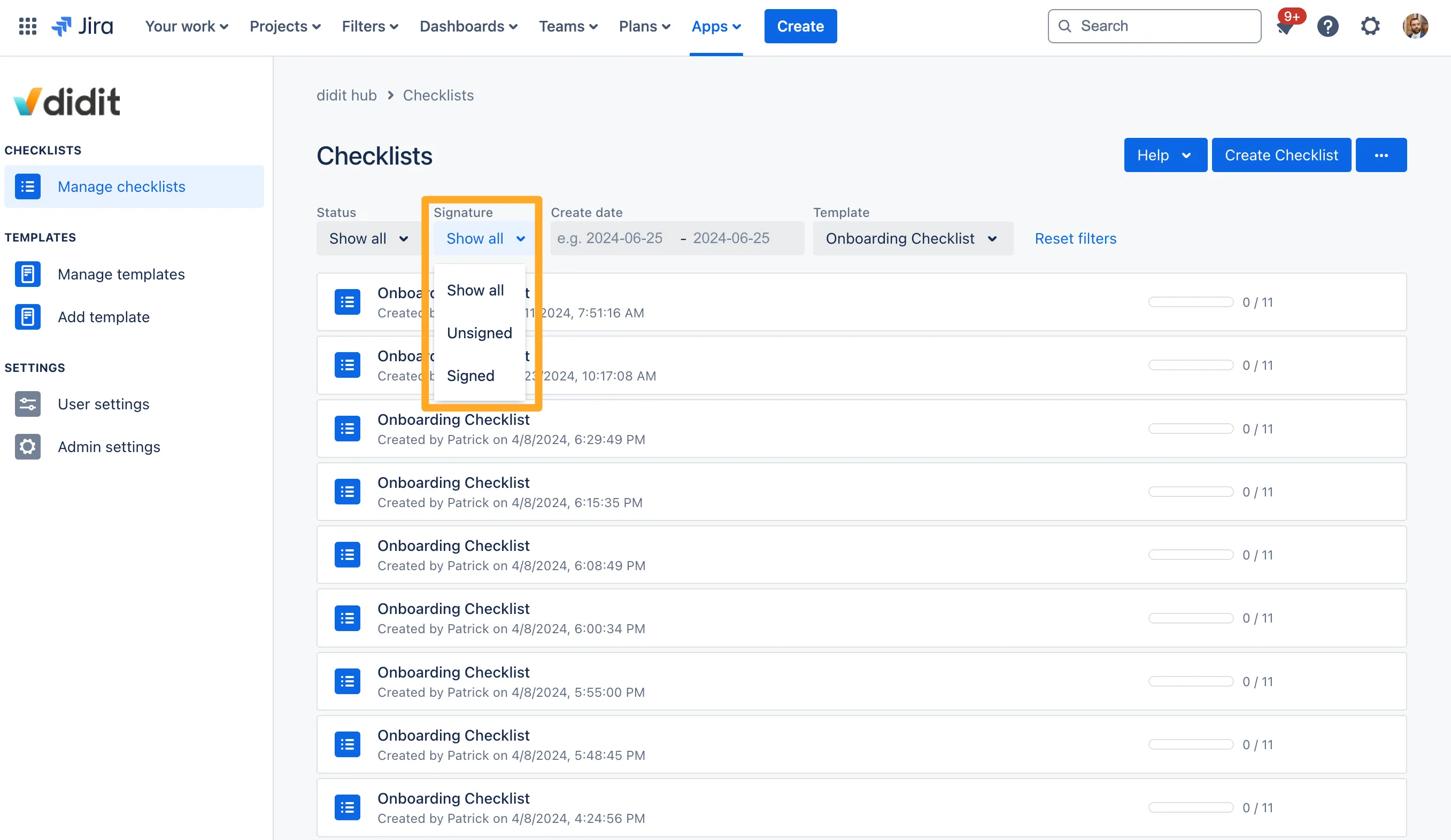 Filter using checklist signature.