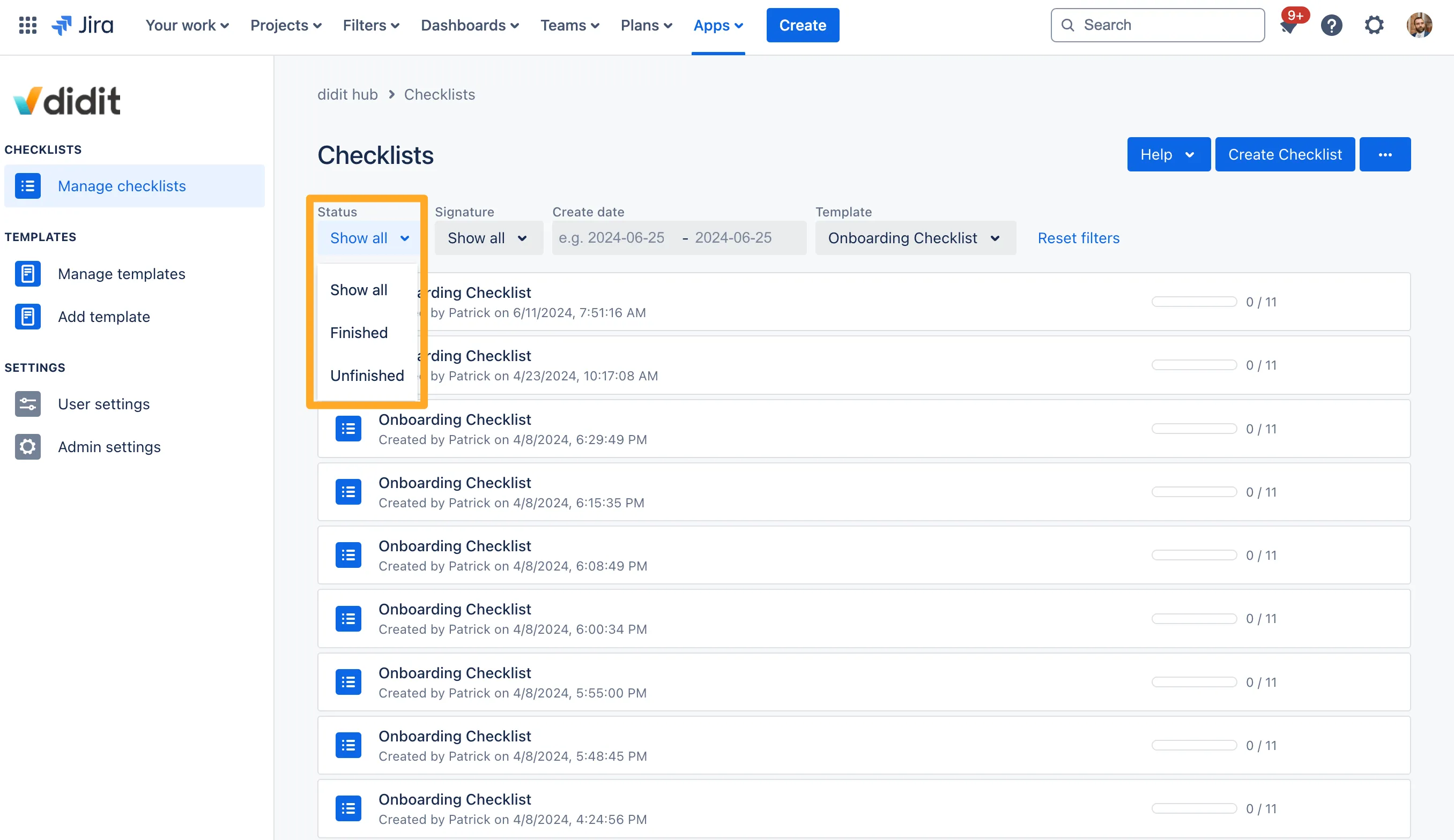 Filter using checklist status.