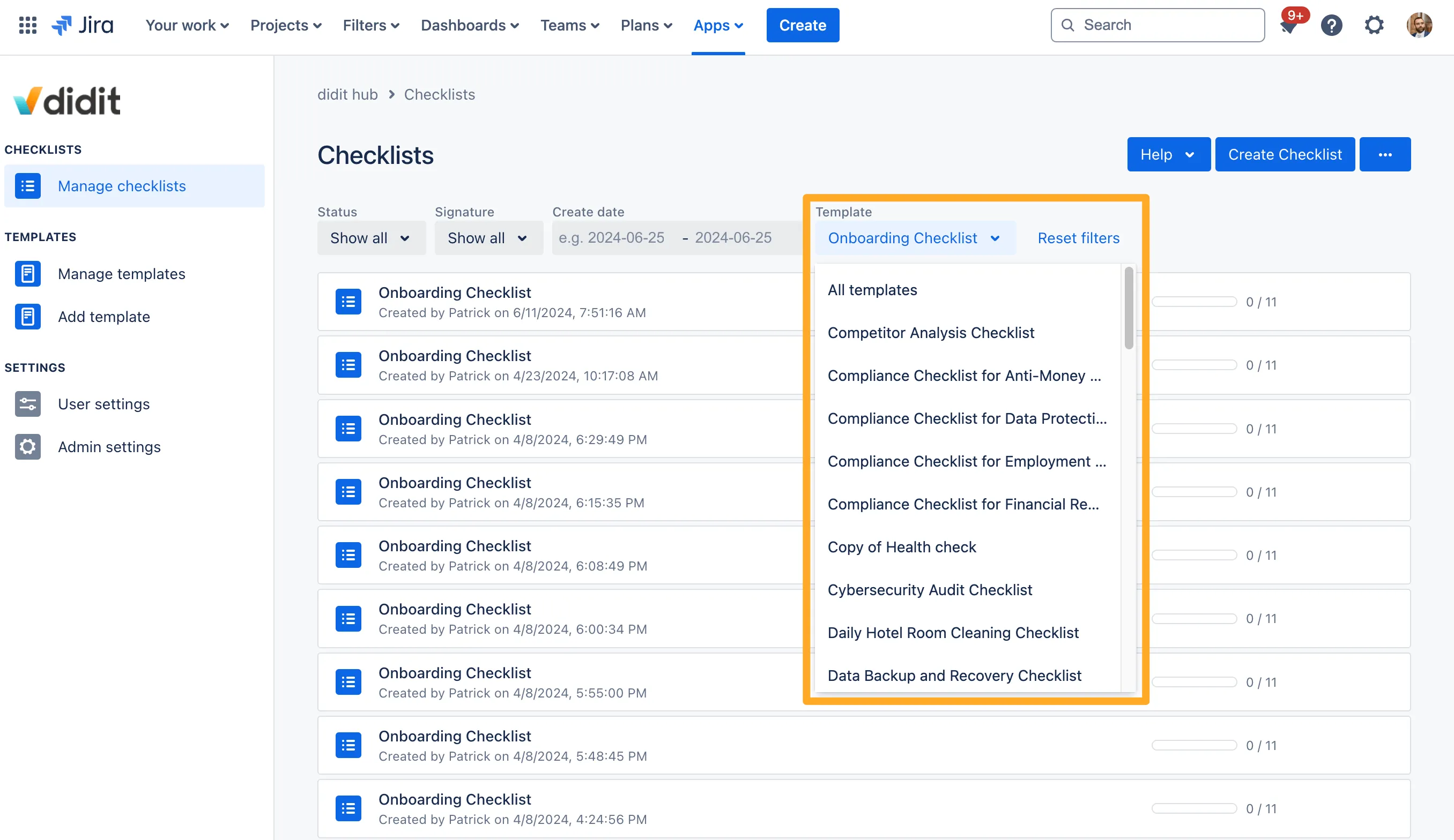Filter by checklist template.