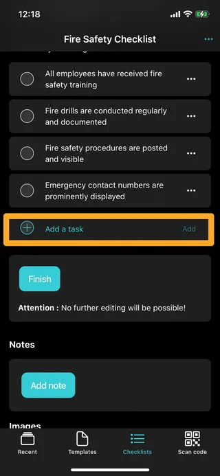 A didit checklist in the iOS app with the add task option highlighted.