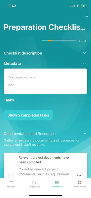 The Didit iOS app with a checklist showing and the progress bar having some items skipped and completed.