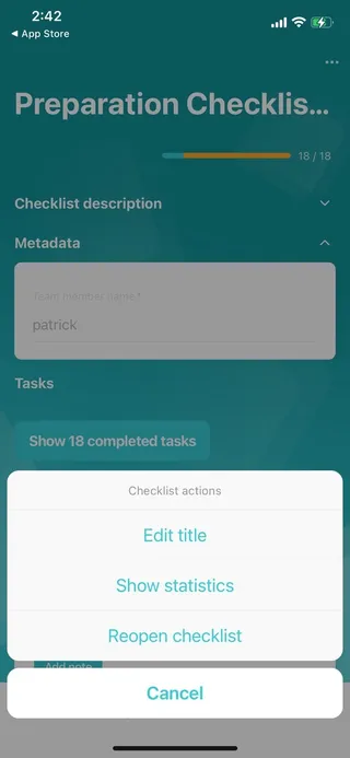 The Didit iOS app with the option to reopen a checklist showing.